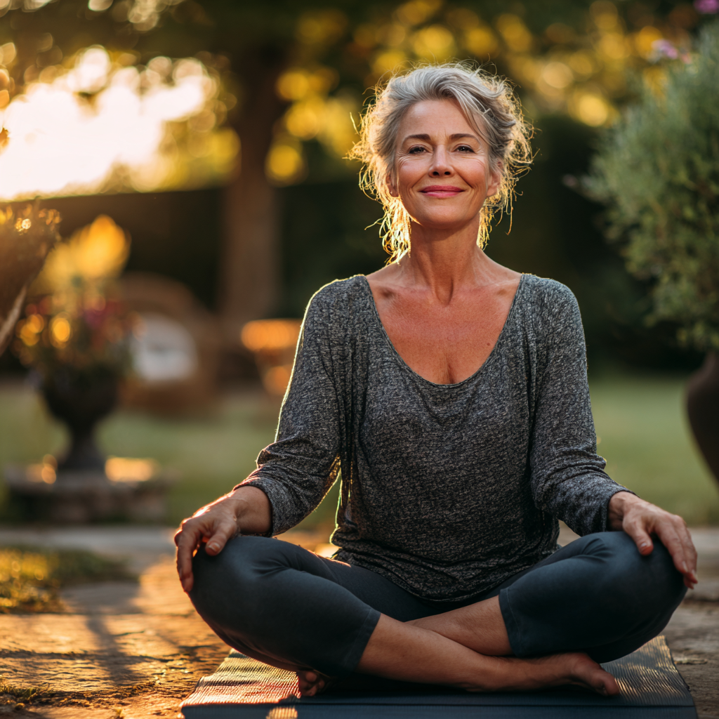 Group of diverse Ukrainian adults of different ages practicing gentle yoga poses together in a bright, airy studio space, all showing peaceful, content expressions